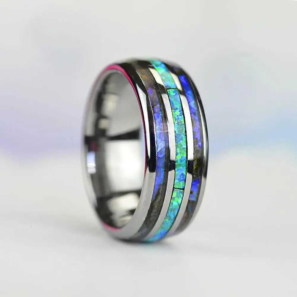 Trouwringen Mode 8mm Rose Goud Kleur Wolfraam Bruiloft Mannen Roestvrij Stalen Ringen Inlay Abalone Shell Blue Opal Ringen Mannen Bruiloft Sieraden 24329