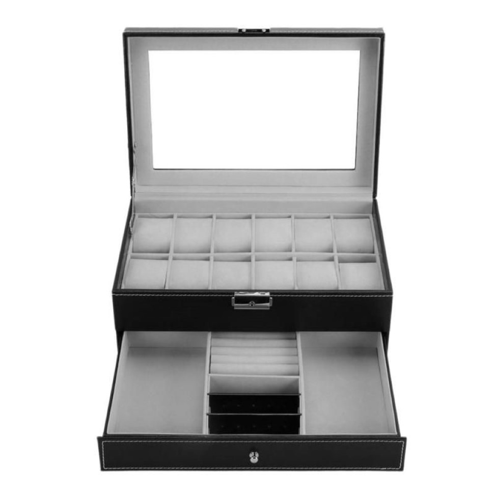 Nuovo 12 griglie slot doppi strati scatola di immagazzinaggio orologi in pelle PU custodia orologi professionale anelli braccialetto organizer box Holder278Q