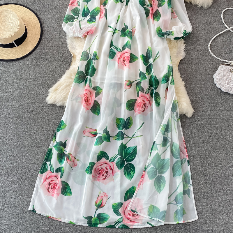 Dames Basic Casual Jurken Zomer Rose Bloemen Boheemse Maxi-jurk Dames Slash Neck Lantaarnmouwen Ruglooze Gewatteerde Cup Bloemenprint Strand Lange gewaden 2024