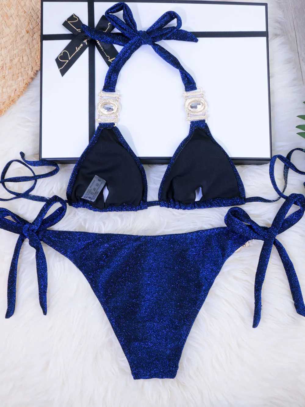 Women's Swimwear Sapphire Blue Bikini Shiny Bikini Set Girl Crystal Two Piece Swimwear Womens Swimwear Push Up Swimwear Beach Suit J240330