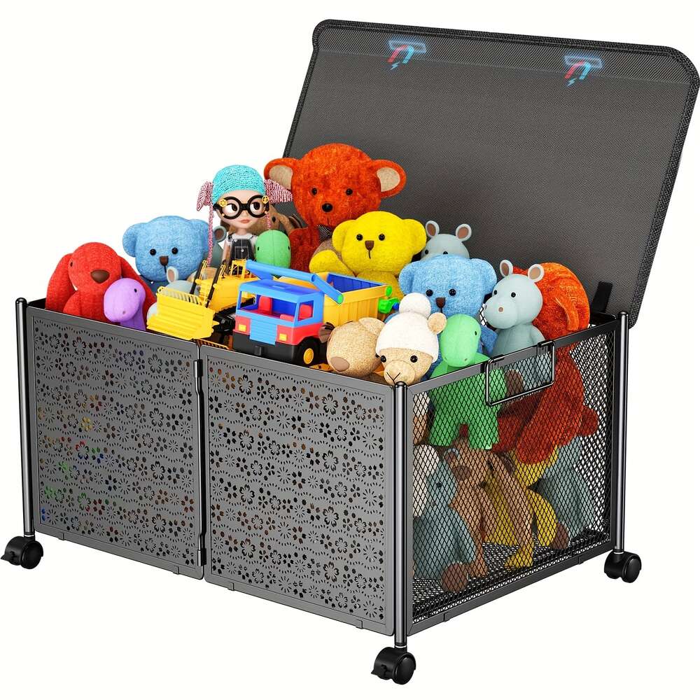 1 grand couvercle de boîte en métal, organisateur de jouets pliable et robuste avec roulettes, organisation de rangement durable pour salle de jeux, salon, chambre à coucher