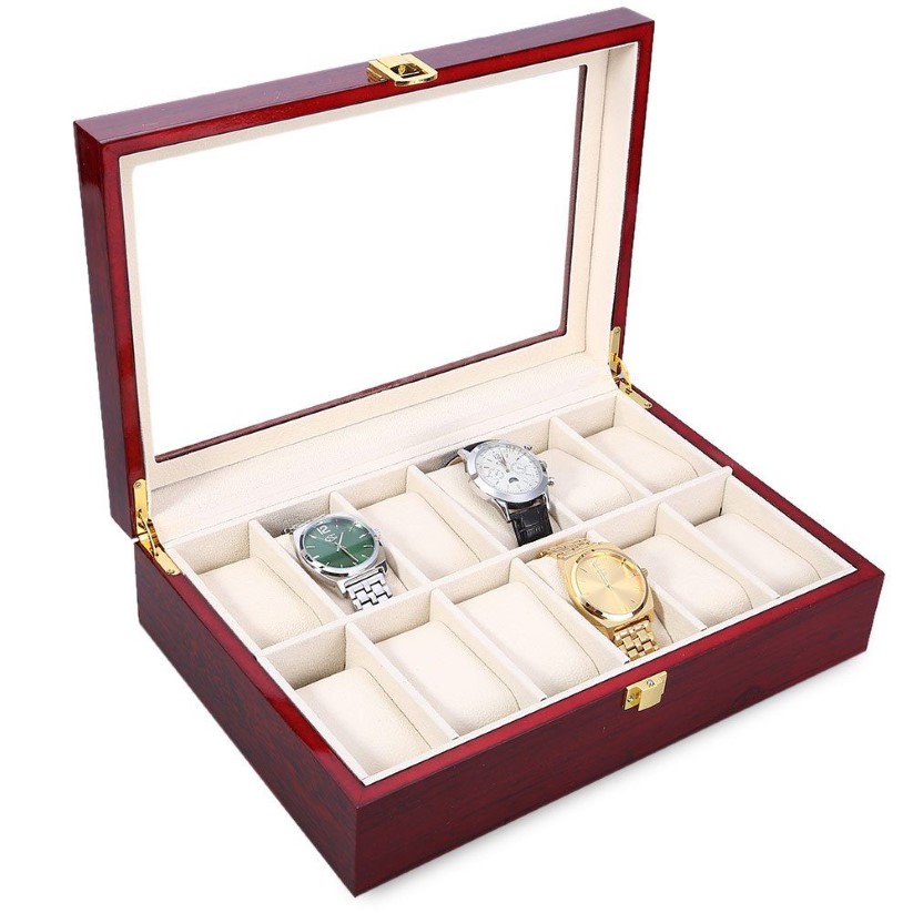 Whole-2016 Nuovo 12 Grid Wood Watch Display Box Case Trasparente Lucernario Confezione regalo Collezioni di gioielli Display Case1896