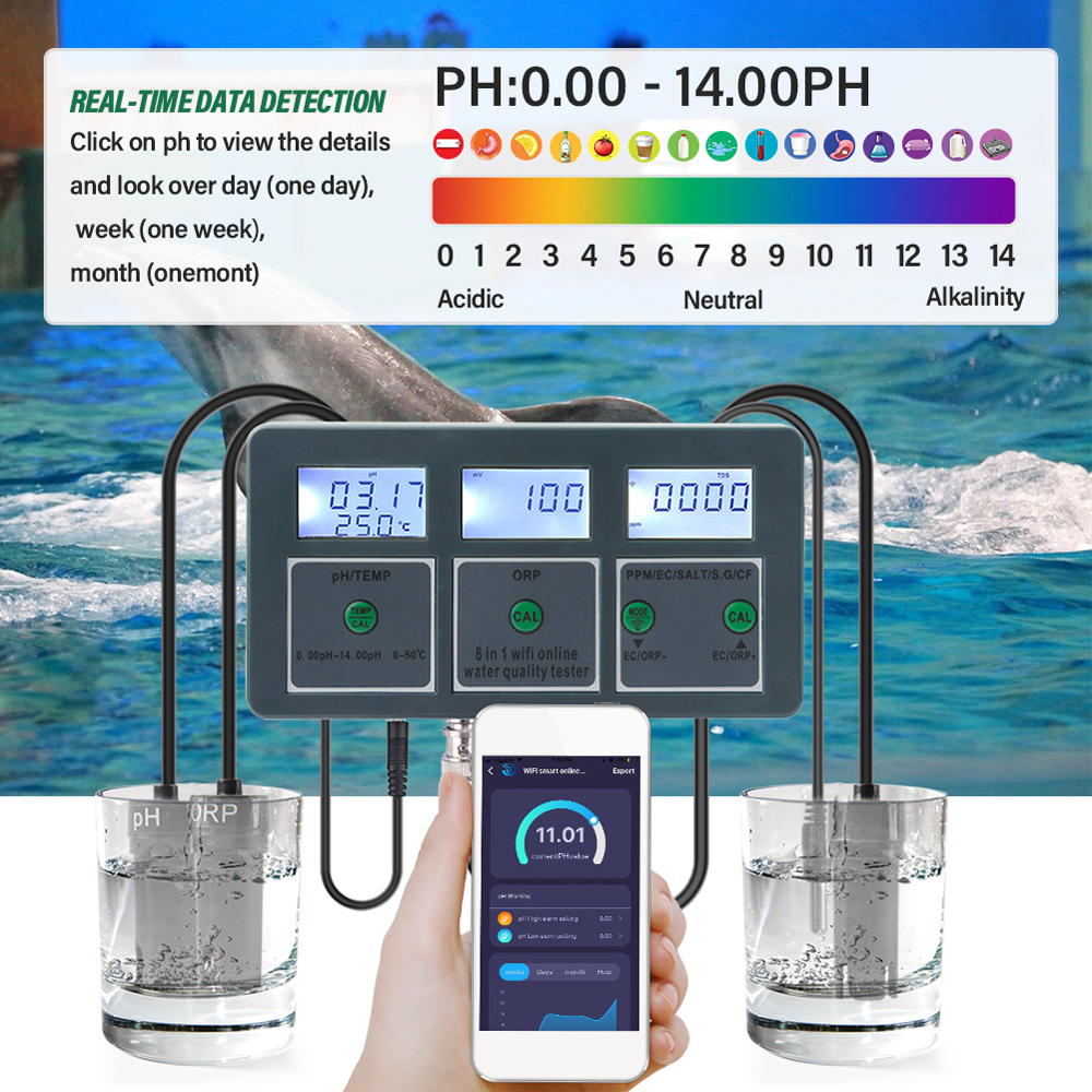 Tuya WiFi 8 in 1 waterkwaliteitsdetector S.G/pH/EC/ORP/TDS/CF/ZOUT/TEMP MAATSCHAPPARTER WATERWATERWERKERWATERWATERVOERTESTER