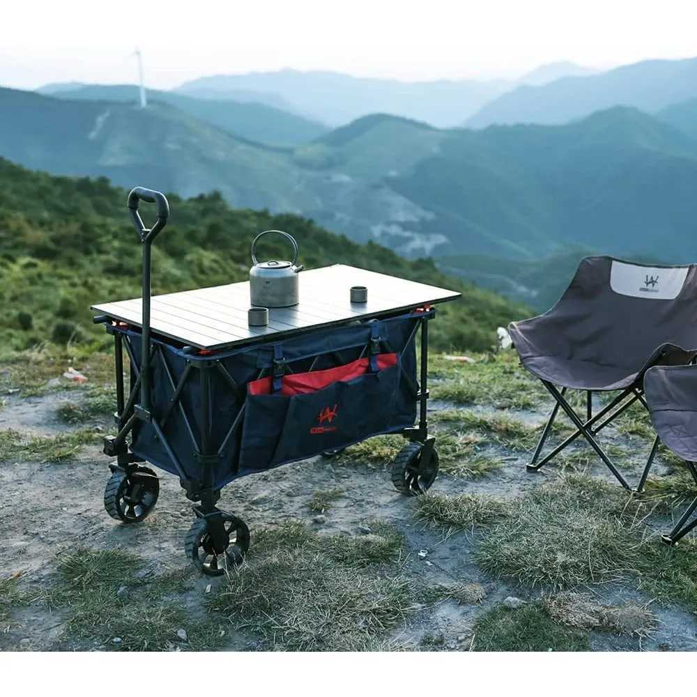 Lägermöbler fällbara hopfällbara verktyg camping park vagn vagn med aluminium bordsplatta yq240330