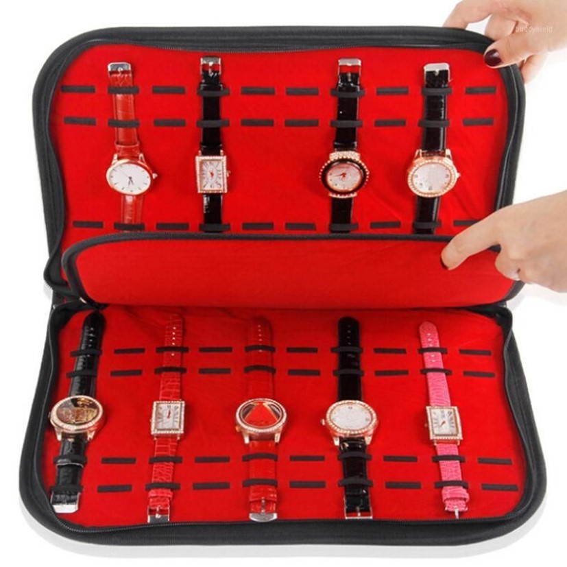 10 20 grilles boîtier de montre en cuir avec fermeture à glissière velours montre-bracelet affichage boîte de rangement plateau voyage bijoux emballage étagère organisateur 12637