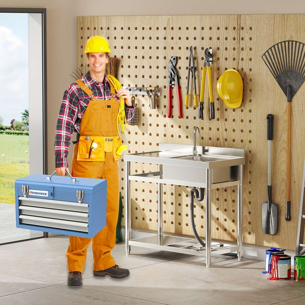 Caixa portátil LARBANKE, bandeja de armazenamento superior com 3 gavetas, armário de metal com fechadura, 3 gavetas com forro, para garagem, armazém, oficina e casa, caixa de ferramentas azul