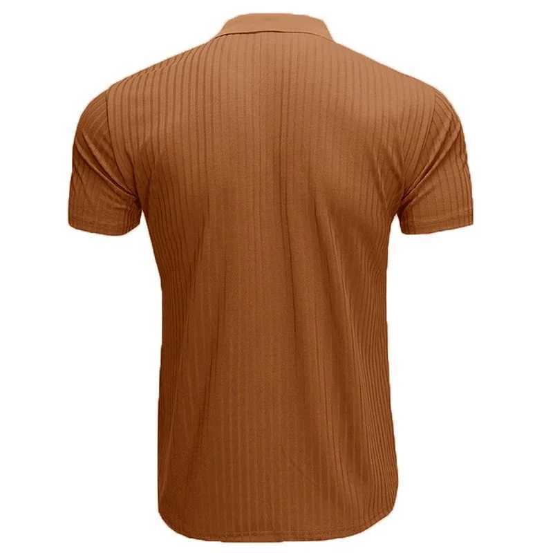 Men's T-Shirts 2022 Summer Mens Sports and Fitness Wear High Elastic Vertical Stripe Short sleeved Polo Shirt Thin Knitted Bottom J240330