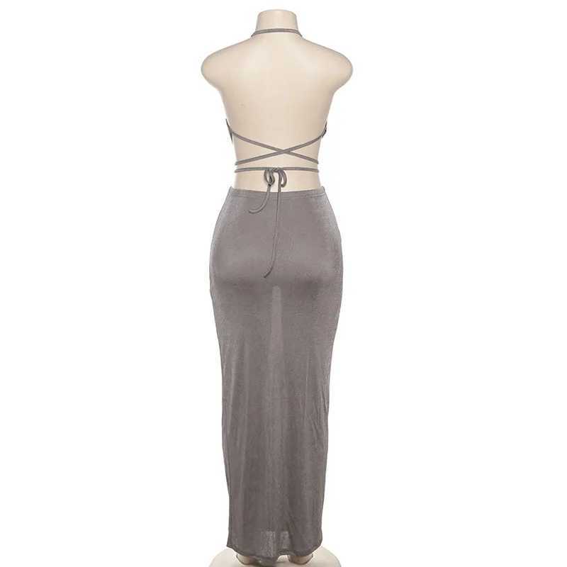 Vestido de duas peças giyu sexy conjunto de duas peças feminino 2023 verão sem mangas sem costas rendas até colheita superior bodycon saia longa vestido conjuntos 2 peça conjunto roupa j240330