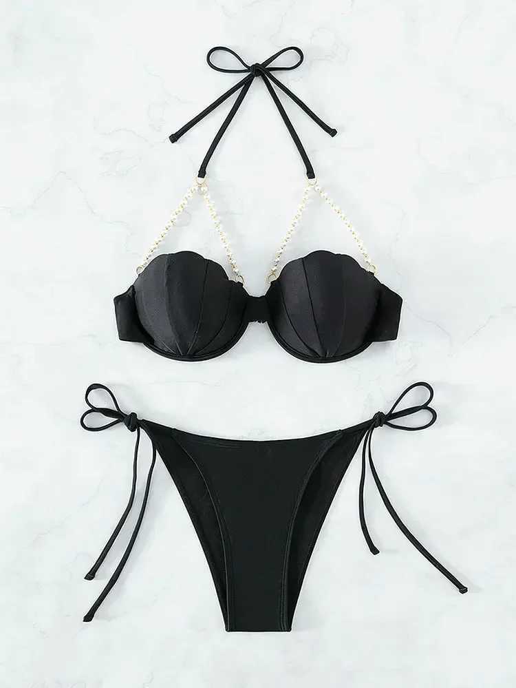 Women's Swimwear 2024 New sexy white bikini womens pearl swimsuit black push up swimsuit womens solid strapless bra cup bikini set J240330