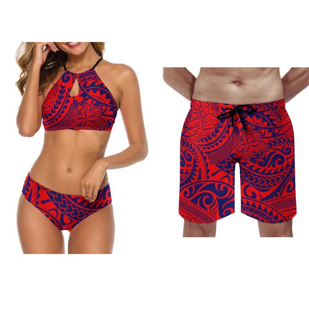 Maillots de bain pour femmes 2024 Nouveau couple personnalisé découpé polynésien sexy bikini hommes dessiner corde pantalons de plage Saint Valentin vacances yq240330