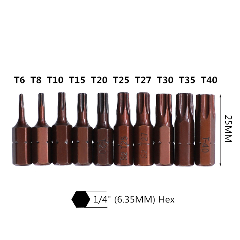 10stTorx skruvmejselbitar med hålmagnetuppsättning T20 T25 T6-T40 1/4 tum Hex Shank Electric Screw Driver Star Bit Set