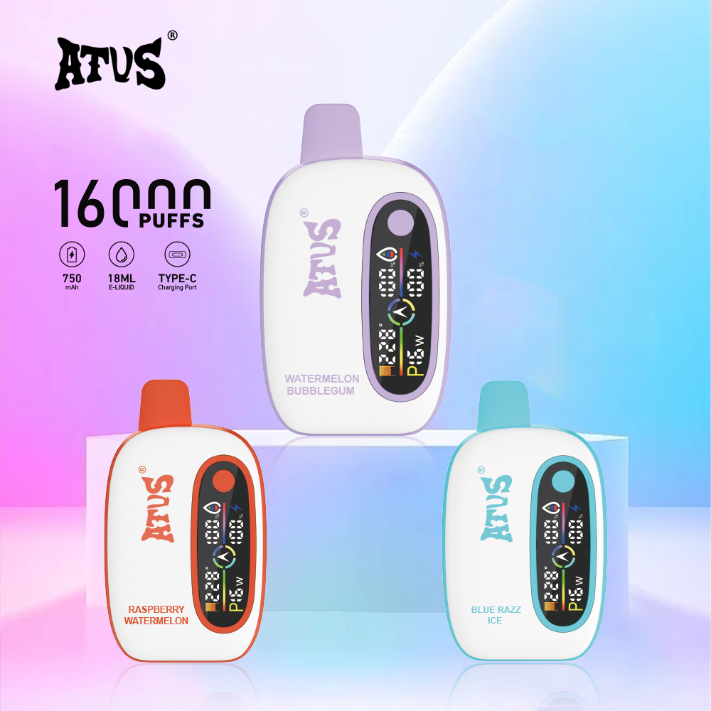 ATVS 16KPUFF 16000PUFF 스마트 디스플레이, 일회용 vape 충전식 전자 담배 750mAh 배터리 7000 퍼프 12000 퍼프 18000 퍼프 vaper