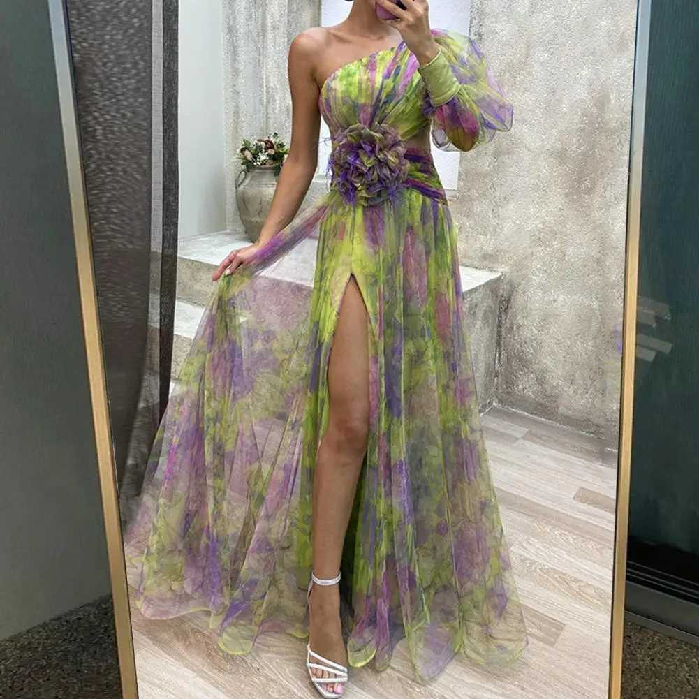 Urban Sexy Dresses Formal Evening Dress Elegant One Shoulder Tie-dye Ball Gown with Mesh Bubble Sleeves Split Hem Womens Evening Dress Featuring 24410