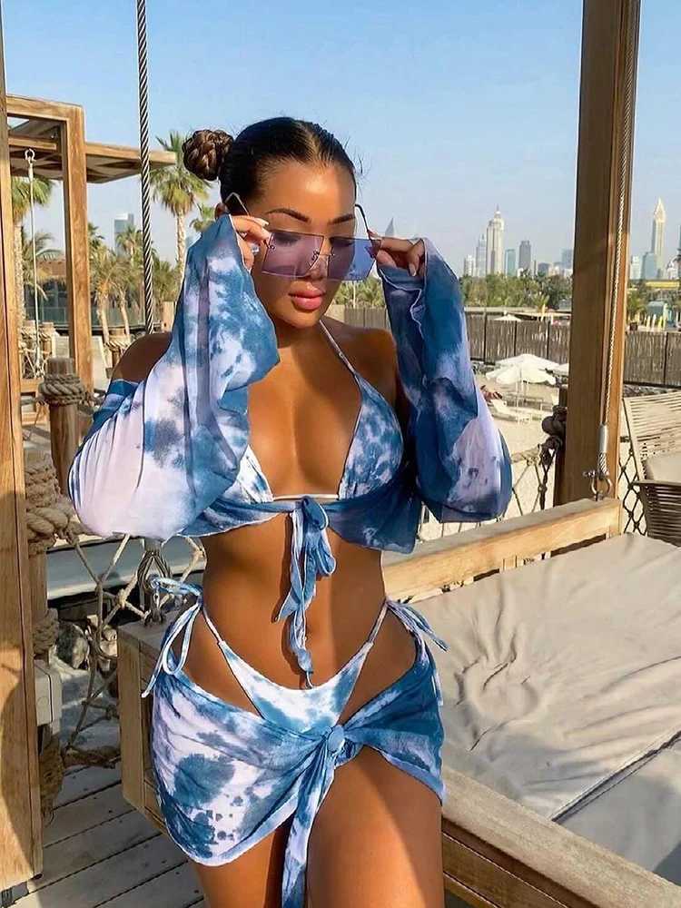 Peachtan Tie Dye Bikini 4 pièces maillots de bain femmes 2023 nouveau bleu Bikini ensemble à manches longues maillot de bain couverture été maillots de bain femmes J0330