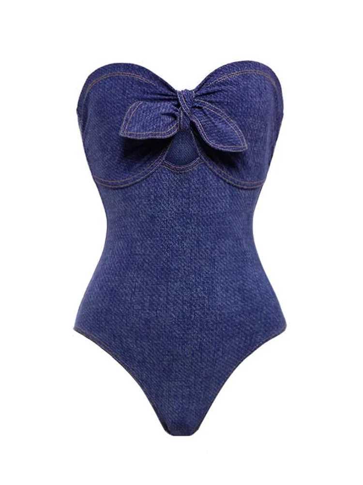 Traje de baño para mujer 2024 Nuevo traje de baño de una pieza con estampado de mezclilla con lazo elegante para mujer 2023 Bikini con sujetador de cintura alta y vientre cubierto retro francés yq240330