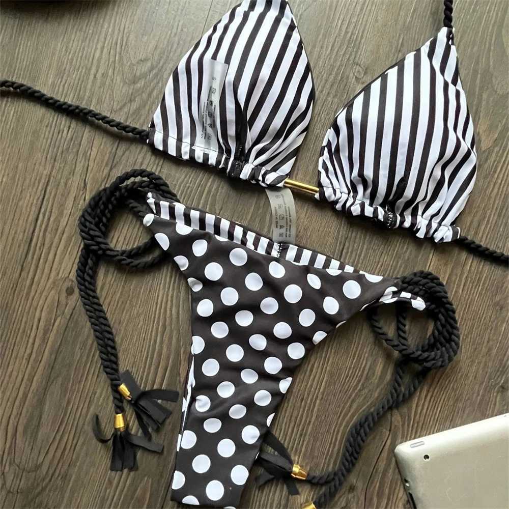 Women's Swimwear Vintage Dot Stripe Bikini Tassel Strappy Triangle Swimsuit Padded Thong Beach Brazil Women Bathing Suit Vacation Outfit yq240330