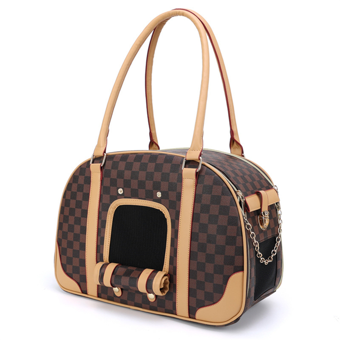 Luxury Pet Bag Classic Plaid Dog Carrier Cat Carrier Bag Brown Waterproof Premium Pu Leather Valp Bärande handväska för utomhusresor Vandringshopping