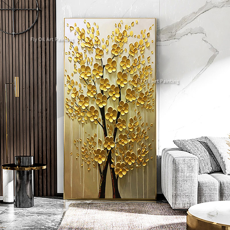 Bonne chance arbre feng shui peinture fleur peinture de peinture de paysage fleur chanceux grand arbre doré mur suspendu toile de peinture de peinture de peinture de peinture de plantes décor