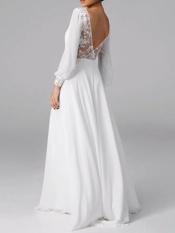 Robes de mariée modernes en mousseline de soie, simples et blanches, ligne A, manches longues, dentelle élégante, dos nu, Sexy, style Boho, plage, jardin, mariée, Robes de mariée CL3435