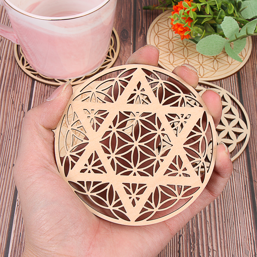 Chakra Flower of Life Natural Symbol 7 Soorten houten ronde randcirkels gesneden onderzetter voor steenkristallen set diy decorgenezing