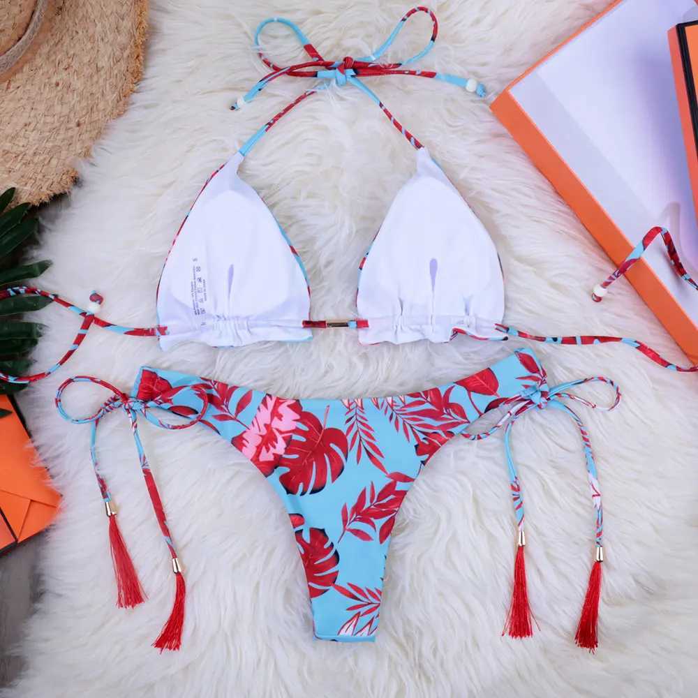 Traje de baño para mujer Conjunto de bikini triangular para niñas Brasil Bikini 2024 Traje de baño con correa de lazo Traje de baño con borlas Traje de playa para mujer Traje de baño push up J240330