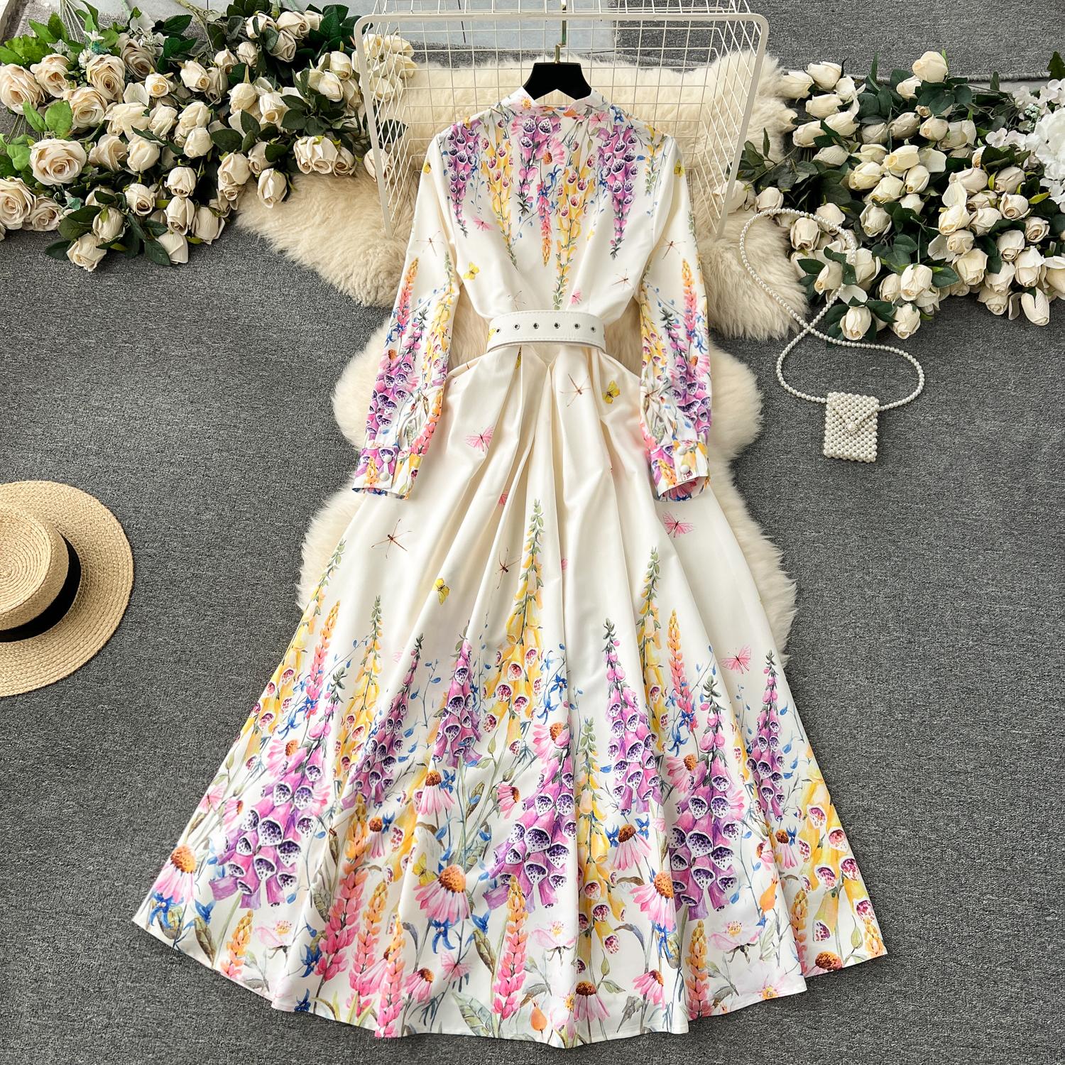 Basic Casual Dresses 2024 Summer Holiday Lavender Flower Dress Women Bow Collar Long Sleeve Floral Print Belt Single Breasted Belt Long Robe Vestidos