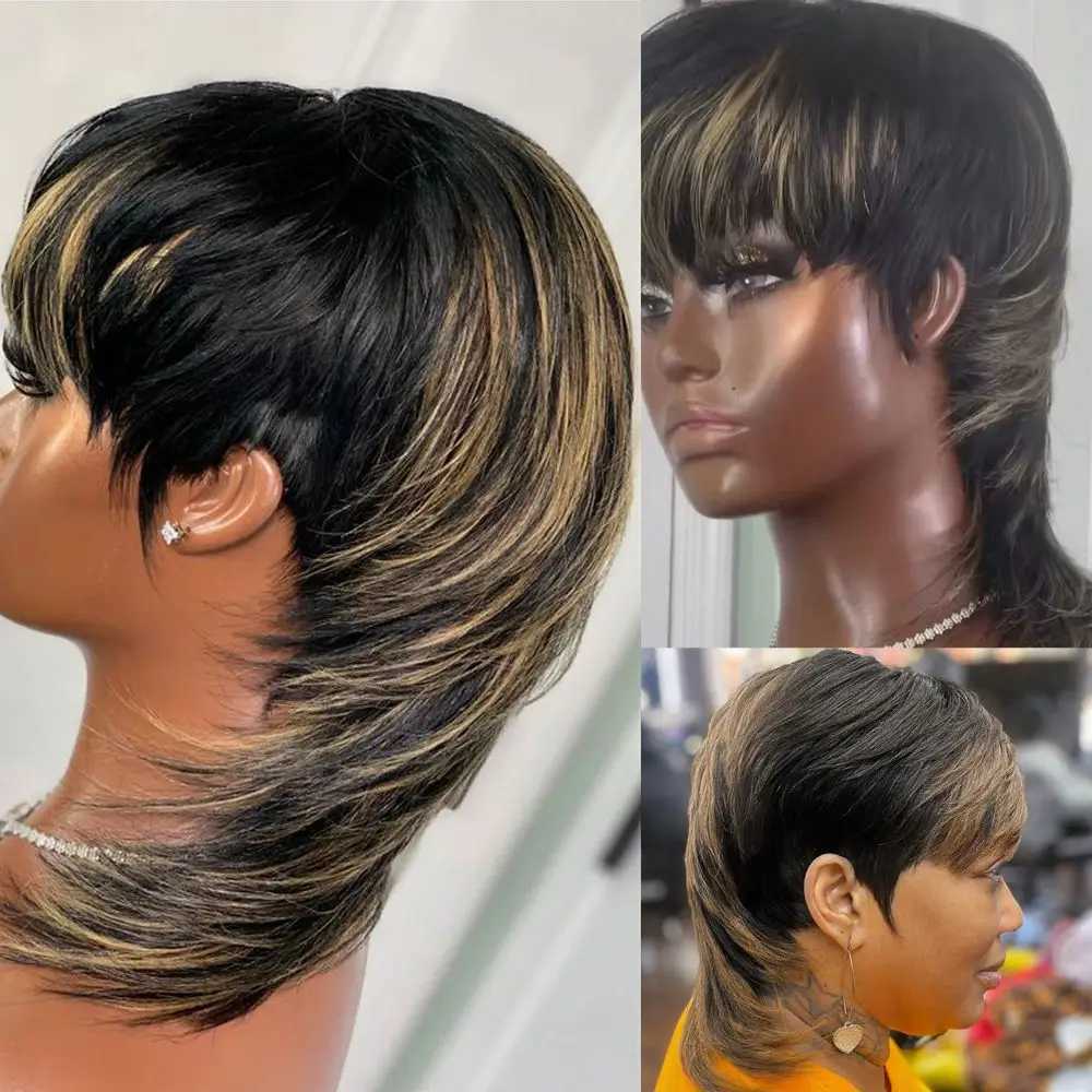 Nxy vhair perucas tainha peruca destaque máquina completa feita com franja cabelo humano brasileiro sem cola para mulher 99j curto pixie corte 240330