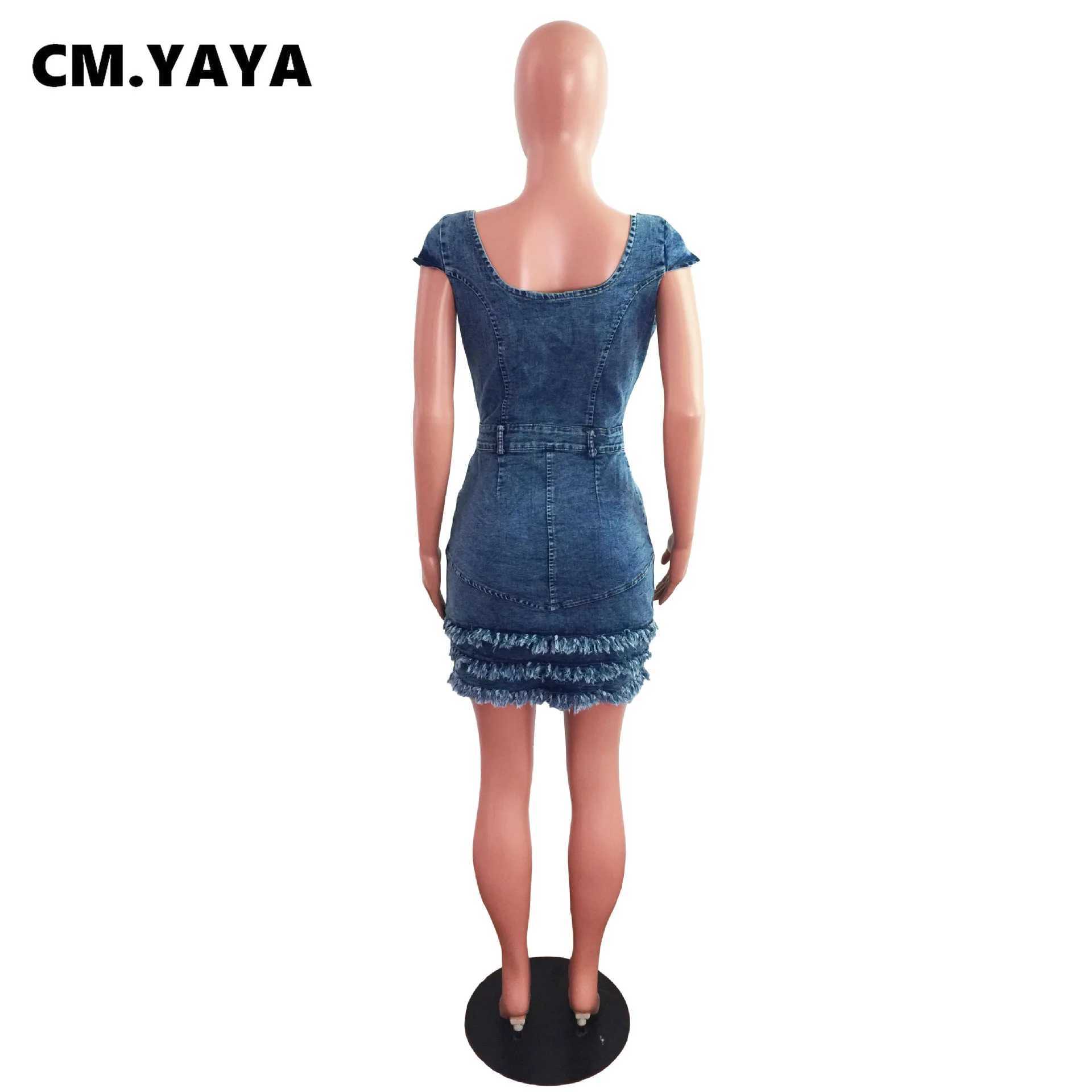 Stedelijke sexy jurken CM.YAYA Dames denim jurk met kwastje, effen korte mouwen, vierkante kraag, zakken met enkele rij knopen, A-lijn mini-outfit, zomer yq240330