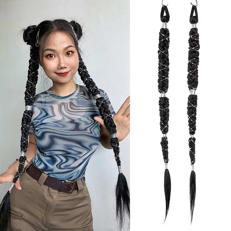 Long Synthetic Hair Chignon Tail With Rubber Ponytail Black Hairpiece Pony Braid Hair Ponytail Extensions Black Color For Women
