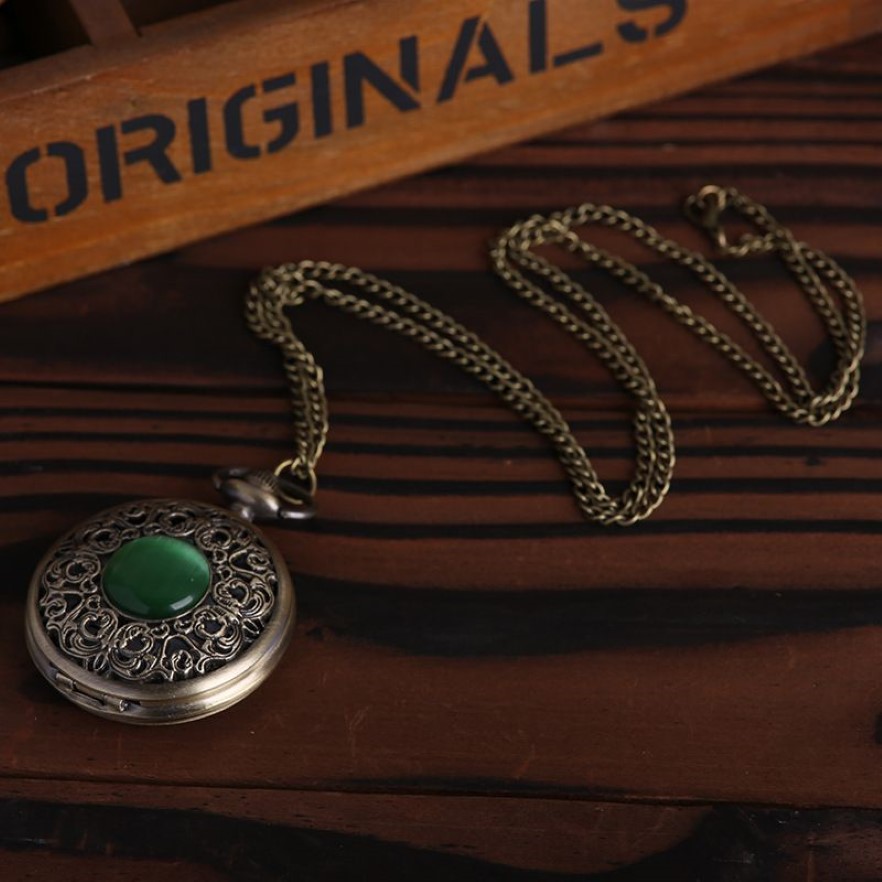 Collana vintage con orologio da tasca al quarzo in bronzo, collana con orologio da tasca verde, pendente uomo e donna, regalo uomo e donna orologio217h