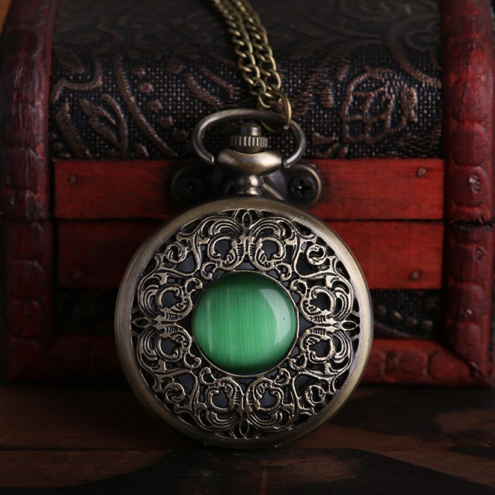 Collana vintage con orologio da tasca al quarzo in bronzo, collana con orologio da tasca verde, pendente uomo e donna, regalo uomo e donna orologio217h