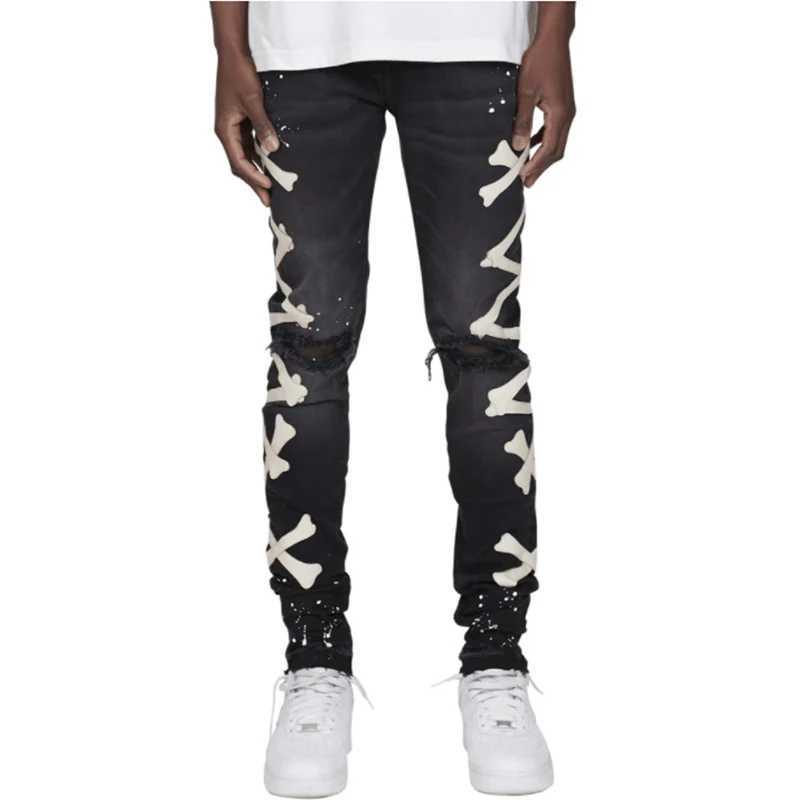 Herren-Jeans, Smart Casual Herren-Jeans mit Knochen-Kreuz-Patches, durchgehende Knie, zerstört, gewaschen, zerrissene Jeans für Männer, J240328