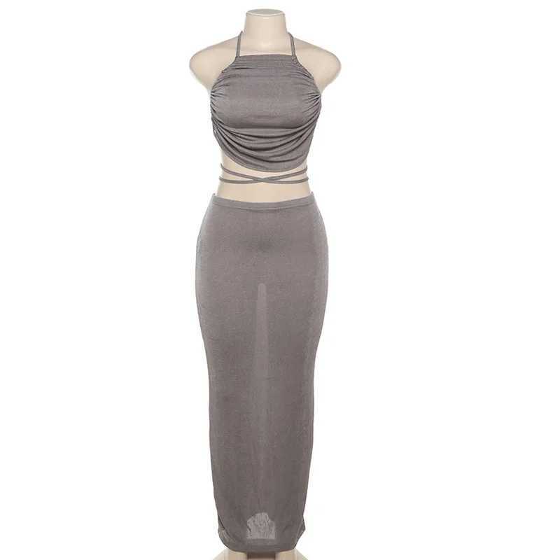 Vestido de duas peças giyu sexy conjunto de duas peças feminino 2023 verão sem mangas sem costas rendas até colheita superior bodycon saia longa vestido conjuntos 2 peça conjunto roupa j240330