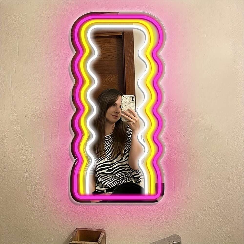 Long Wall Decor Sign, Wave Pattern Border Decorative Mirror with Adjustable Neon Light, Exquisite Gifts for Women Girls, Shop Office Studio Decoration,