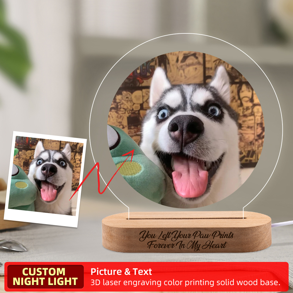 Cadeau de lampe de nuit personnalisé personnalisé avec texte photo Pet Memorial Light Pet Amourant Pet Gift Unique Night Light Gifts Wood Base For Dog