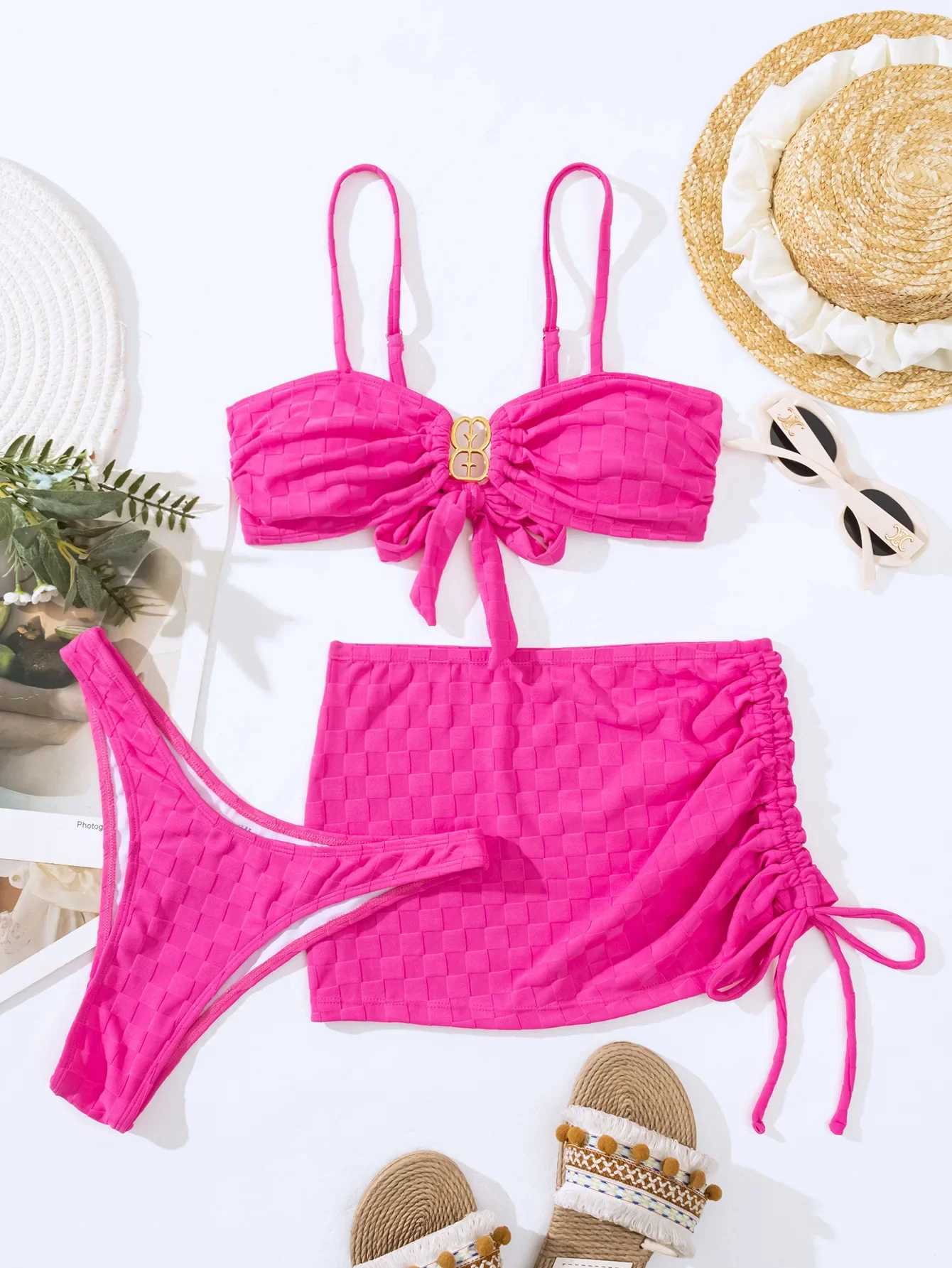 ملابس السباحة للسيدات ROSE RED BEACH SMAILS Swimsuit 3 قطع عالية الخصر بيكيني مجموعة ألوان صلبة ملونة من منشفة الصيف 2024 جديدة YQ240330