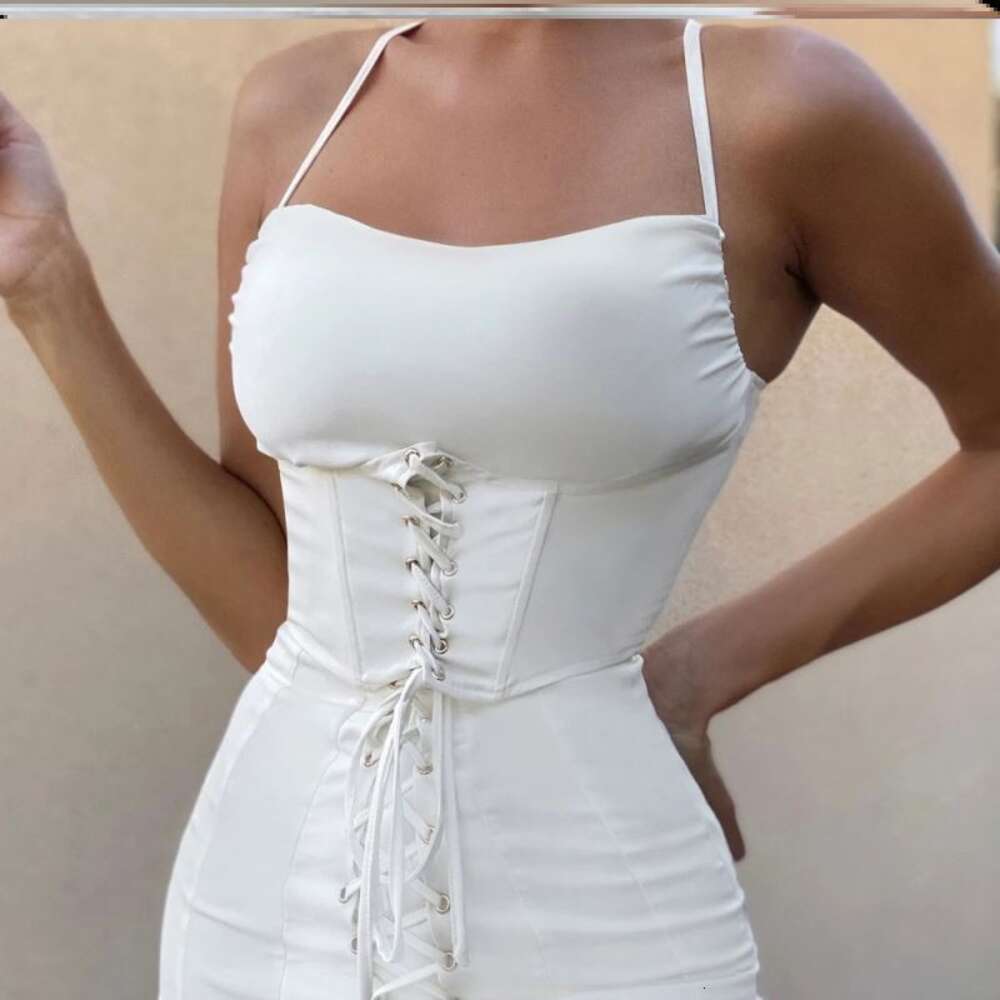 Abito fasciato bianco, cintura stile francese a vita alta da donna bianca Ins, allacciatura sul petto, gonna corta slim fit 363679