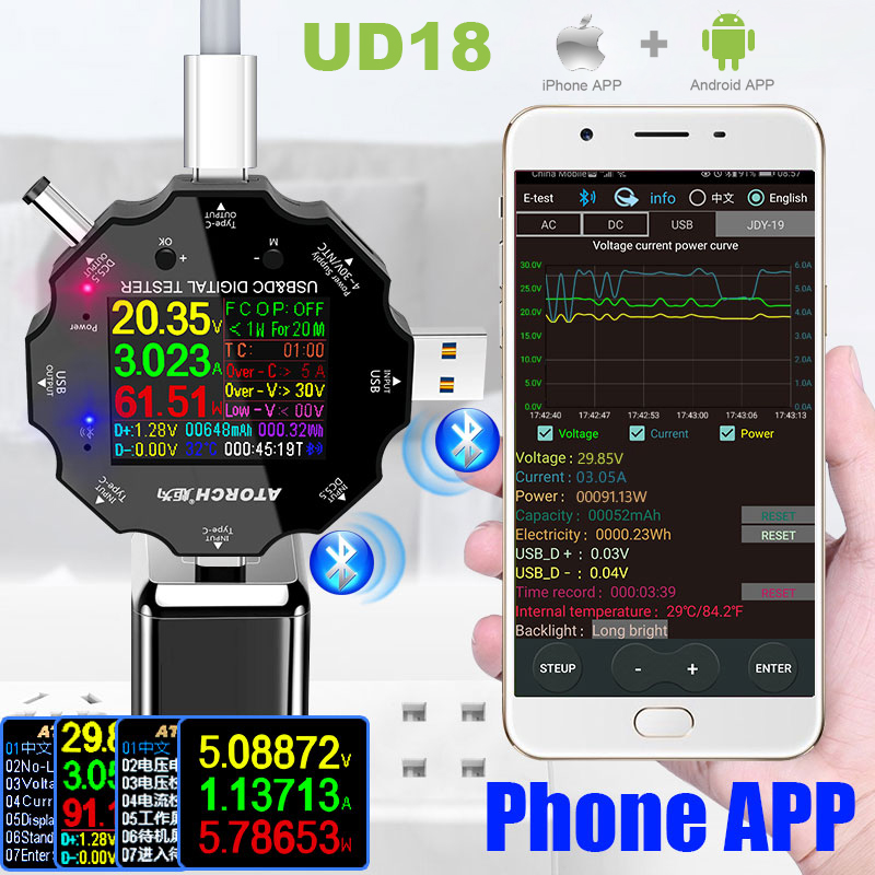 UD18 USB Tester 3.0 DC Digital Car Voltmeter Amperometro Amment Amment Correzione di tensione Volt Type-C Contene di capacità di carica rapida