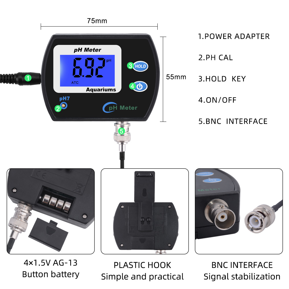 Mémier de pH professionnel précis pour aquarium Multi-paramètre de la qualité de l'eau Monitor en ligne moniteur de pH acide