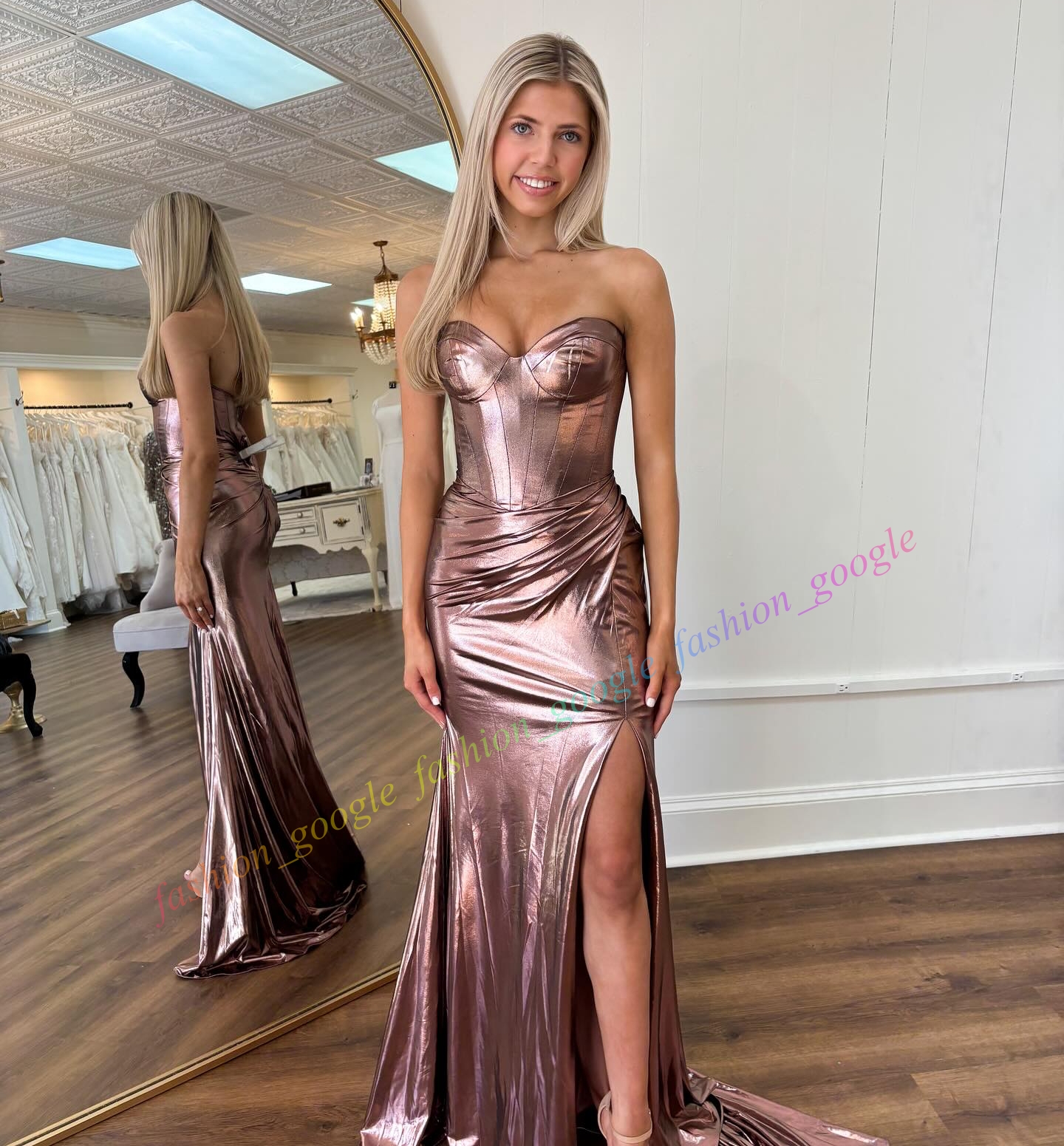 Strapless Corset Metallic Prom Dress Ruched High Leg Slit Long Winter Formal Event Party Gown Red Carpet Runway Oscar Gala Pageant Magenta Rose Gold Royal Ocean Blue