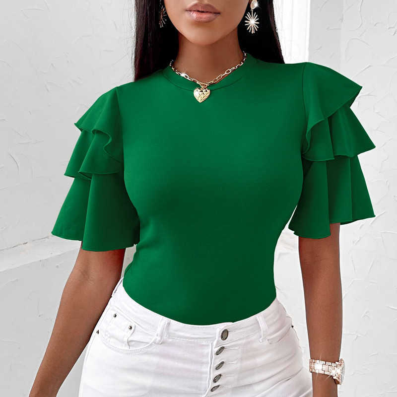New Lotus Leaf Sleeves Multi Layered Short Sleeved Green Womens Round Neck T-shirt