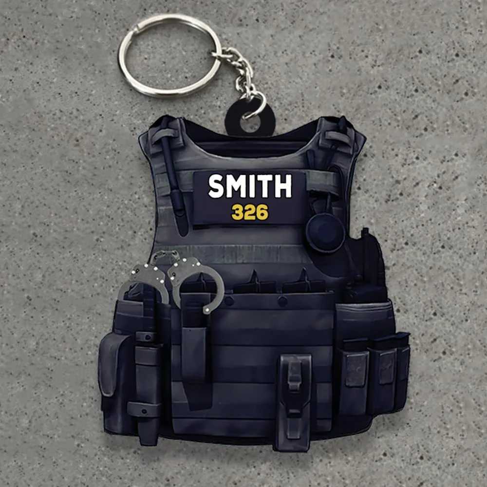Keychains Lanyards New police uniform keychain acrylic vest keychain decoration creative mens backpack pendant keyring car keychain gift J240330