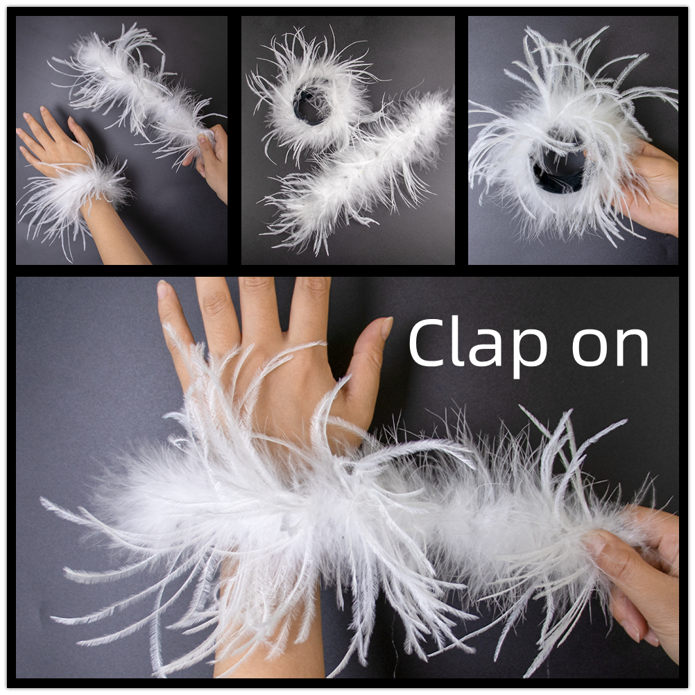 White Real Ostrich Feather Wrist Cuffs Snap Bracelet Sleeve Women Cuffs with Feathers Blazer Fur Slap Plumes Bracelets Elegant