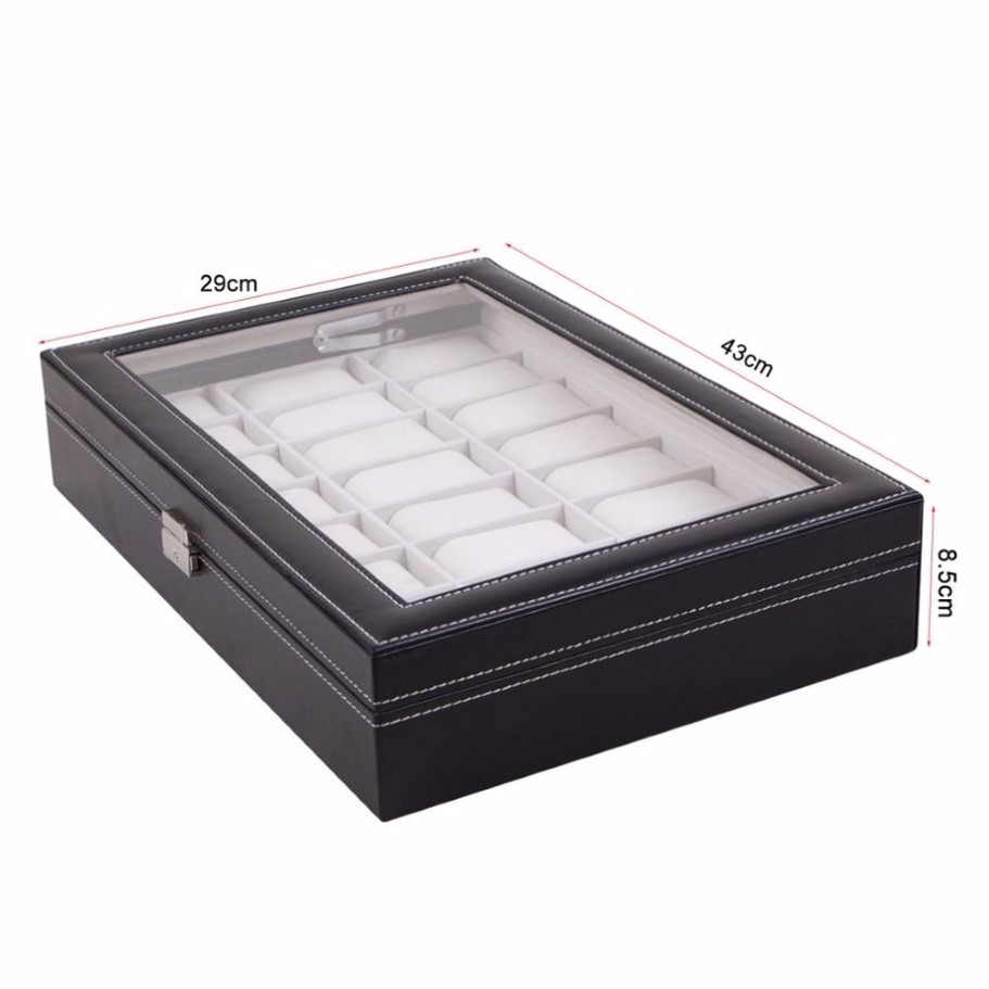 OUTAD-caja de reloj de 24 rejillas, caja de almacenamiento de reloj de pulsera de cuero negro de cristal, organizador, soporte clásico, almohada de espuma 2879