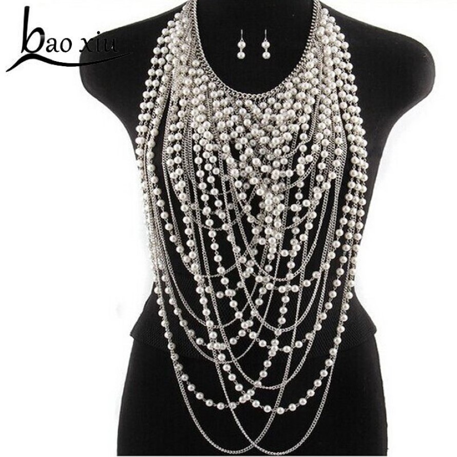 Exaggerated beaded super long pendants necklace women trendy pearl choker necklace body jewelry gold shoulder chain Y200918229D