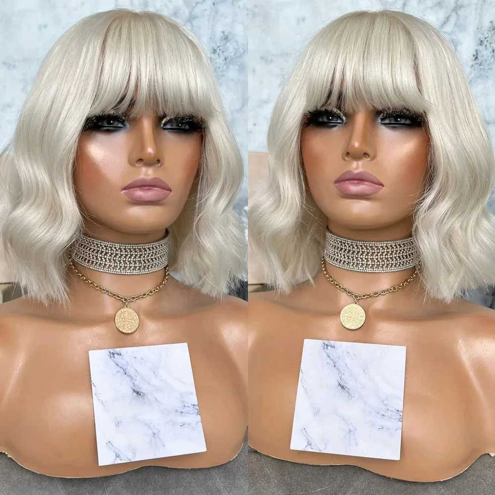 Nxy Vhair Wigs Rongduoyi Short Bob Light Blonde Body Wave Synthetic Shouler Length Hair with Bangs Lace Front Wig Party Cosplay Women Use 240330