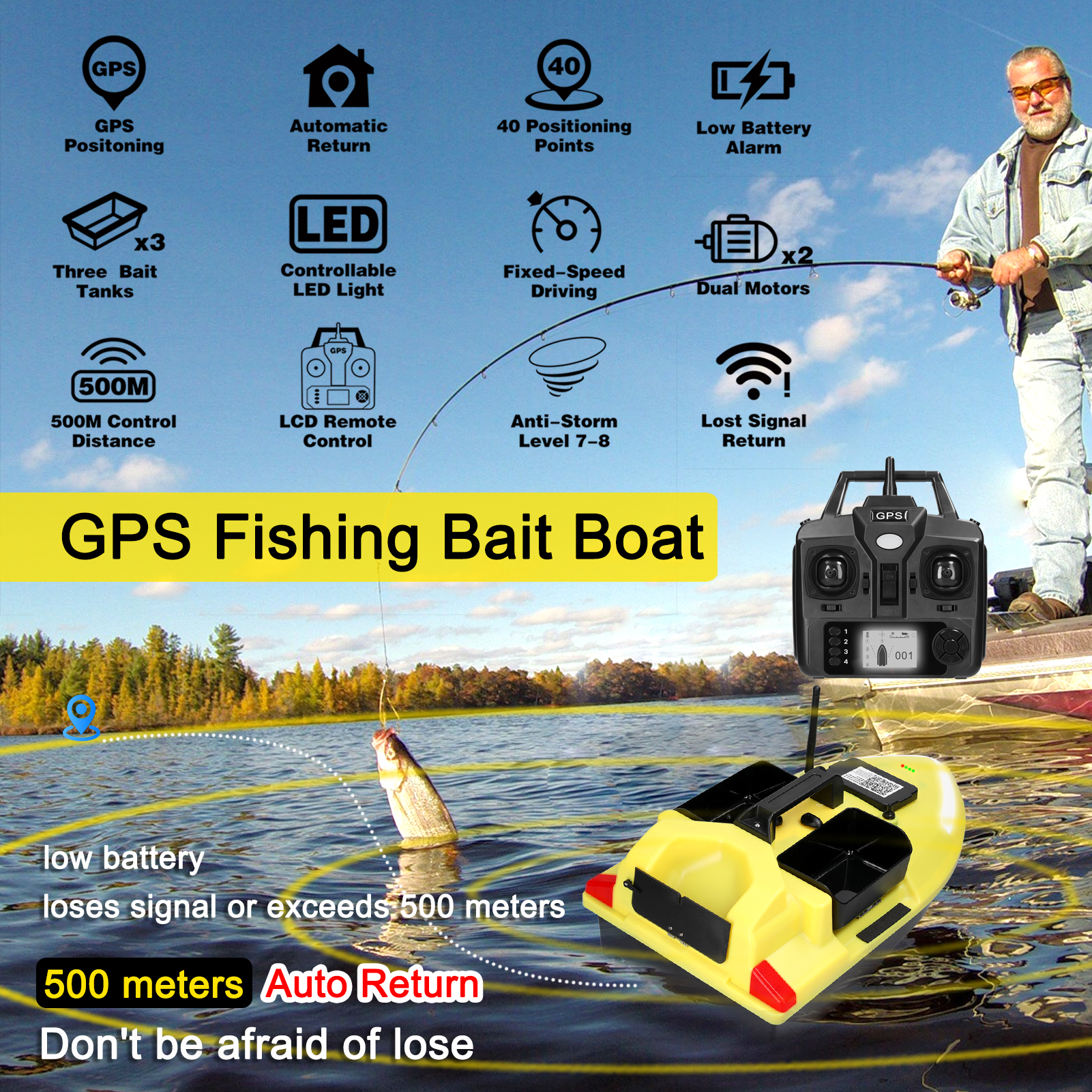 GPS Fishing Bait Boat 500m Remote Control Bait Boat Dual Motor Fish Finder 2KG Loading Automatic Cruise/Return/Route Correction