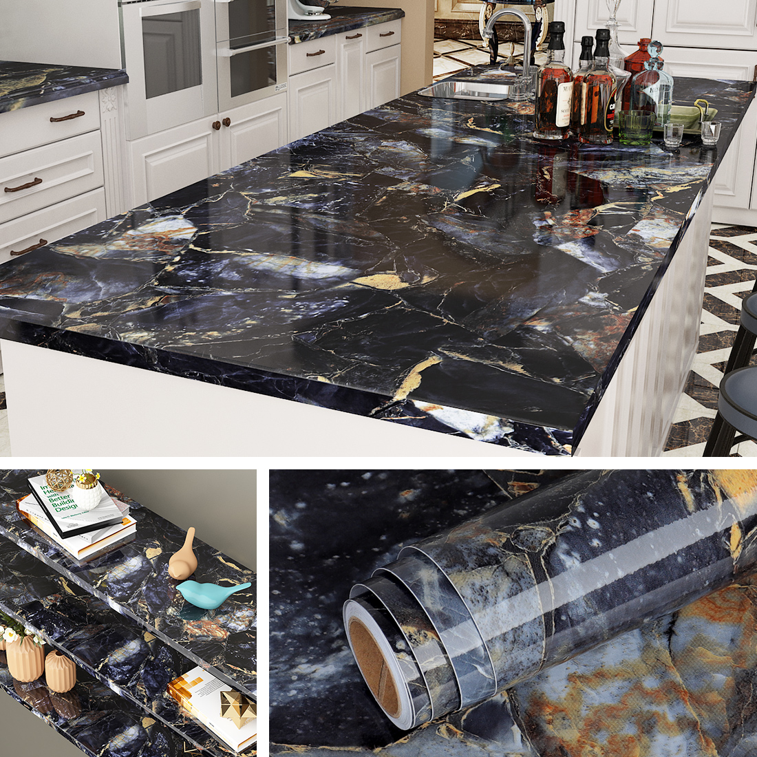 Marble Kkitchen impermeabile e adesivo a prova di olio armadio rinnovato sfondi autoadesivo