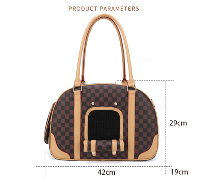 Luxury Pet Bag Classic Plaid Dog Carrier Cat Carrier Bag Brown Waterproof Premium Pu Leather Valp Bärande handväska för utomhusresor Vandringshopping