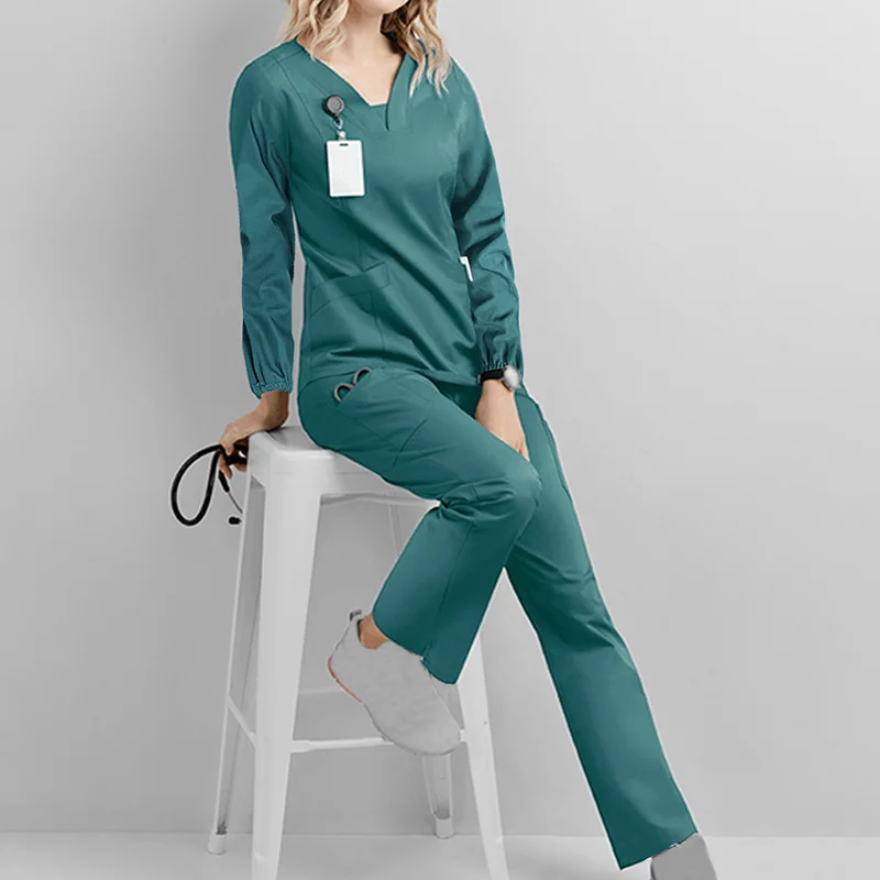 Scrubs Medical Uniforms Women 2023 Long Sleeve V-neck Pocket Care Workers T-shirt Tops Autumn Uniformes De Enfermera Mujer